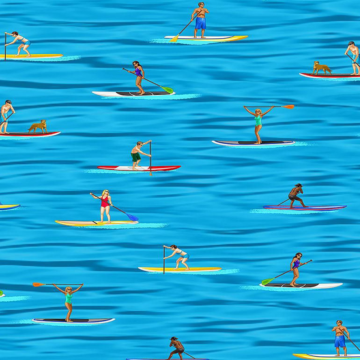 Summer Sports People Water Paddling by the Beach Blue Timeless Treasures Cotton Fabric