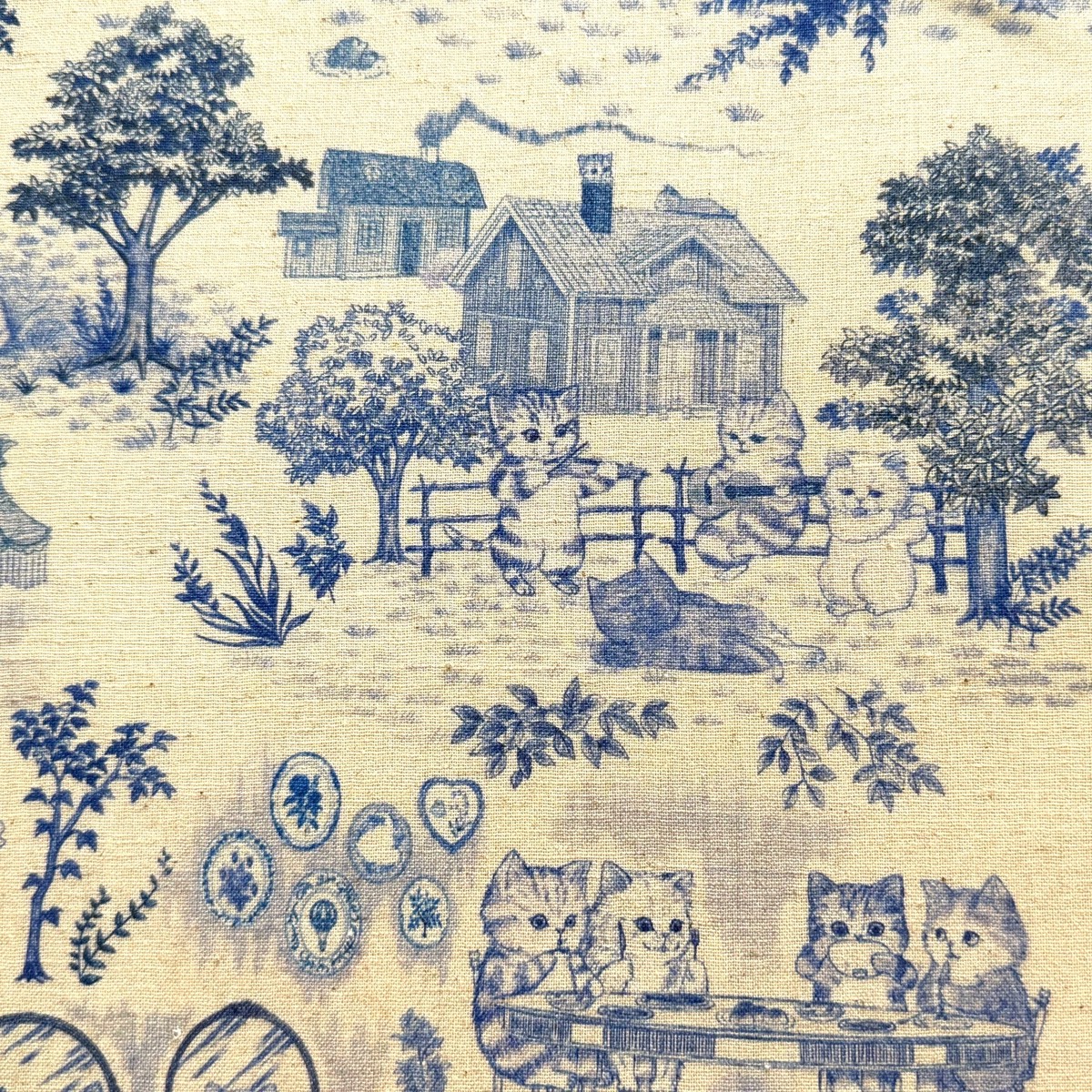 Yukiemon Cat Garden Toile Blue Cotton & Linen Blend (Made in Japan)