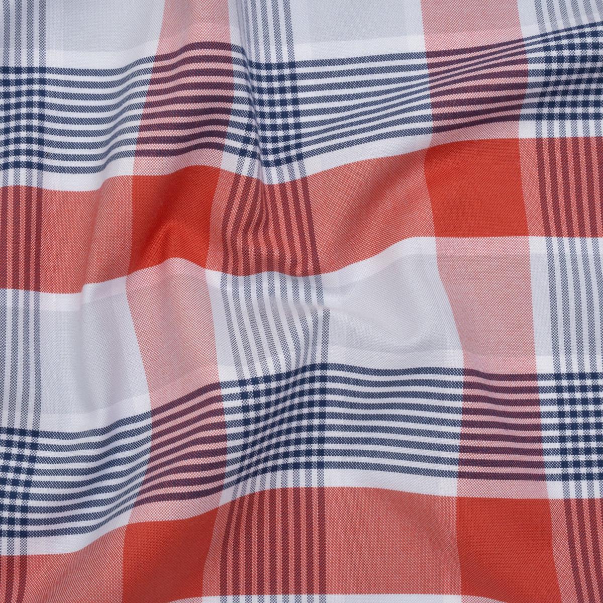 Cotton Oxford Shirting - Sky Blue, Navy and Light Red Plaid - Deadstock