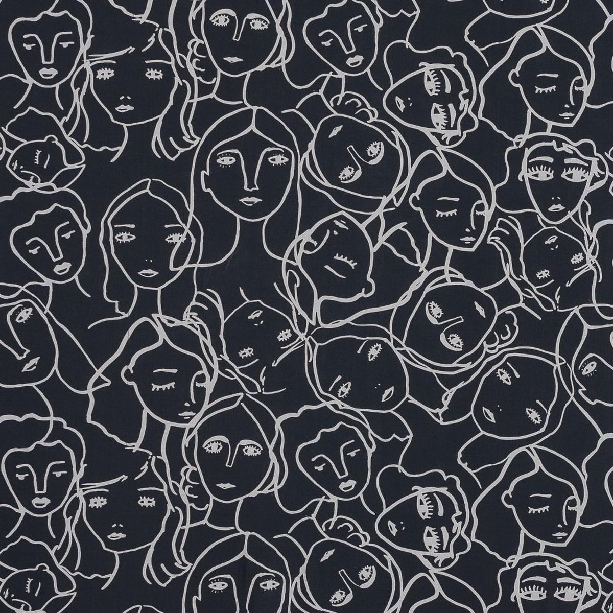 Cotton Poplin - Charcoal Linework Faces - Un dia en Andorra Print - Mood Exclusive Felipe Collection