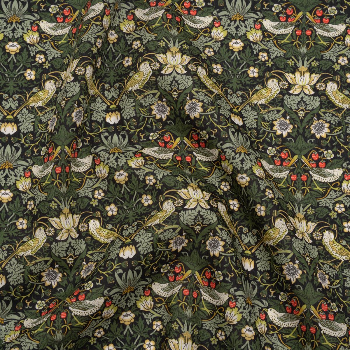 Liberty Fabrics Tana Lawn - Strawberry Thief Dark Green - Forest Green, Yellow Ochre and Red Birds, Berries and Flowers