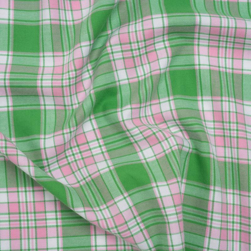 Lightweight Cotton Twill Flannel - Baby Pink, Kelly Green and White Plaid - Deadstock