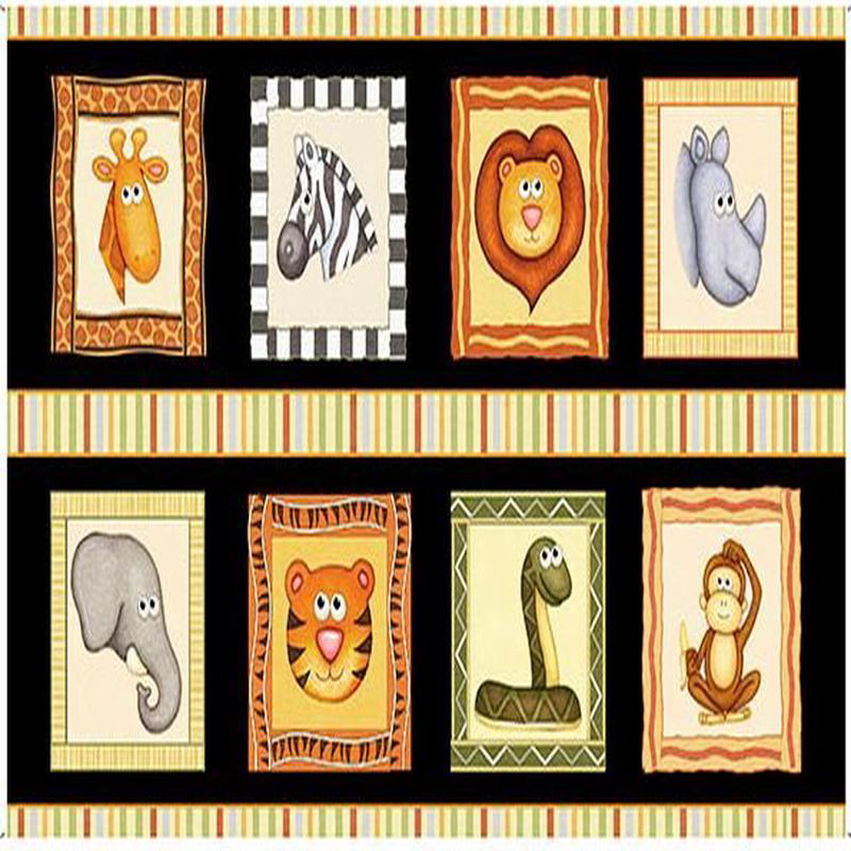 Jungle Buddies Animal Patch Panel 248221 Black Dan Morris Quilting Treasures Cotton Fabric