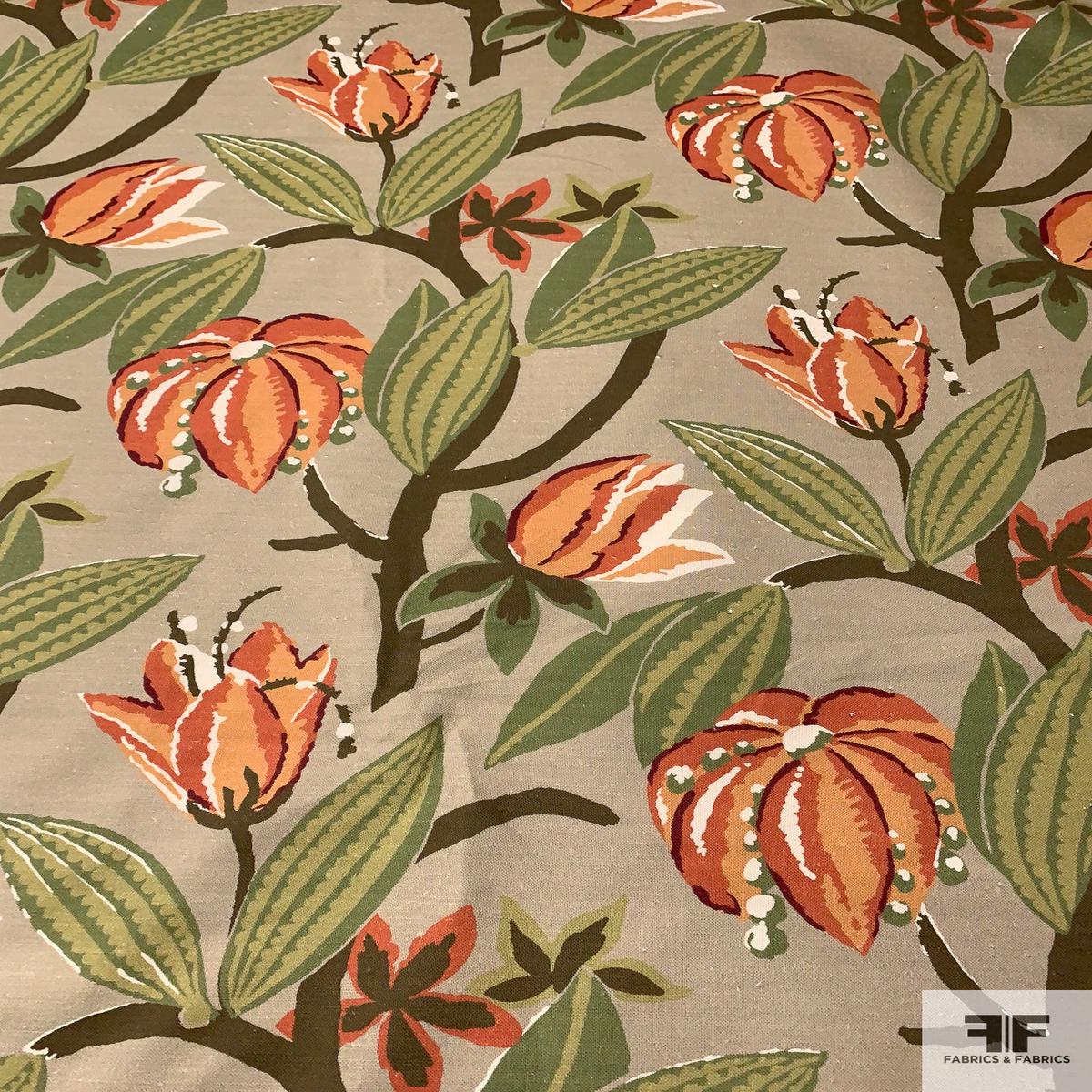 Large-Scale Leaf and Floral Stems Printed Linen-Weave Cotton - Khaki / Greens / Oranges
