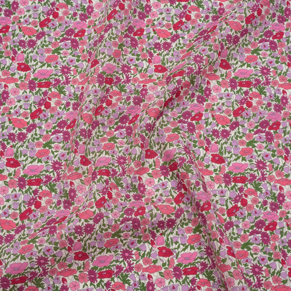 Liberty Fabrics Tana Lawn - Poppy Forest Pink - Red, Bright Pink and Green Floral Meadow