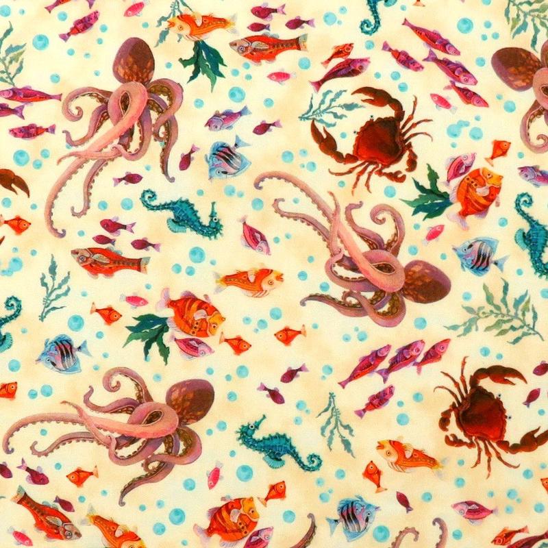 Sun & Sea Sea Life Ecru Cream David Galchutt Quilting Treasures Cotton Fabric QT-28678-E 1/2