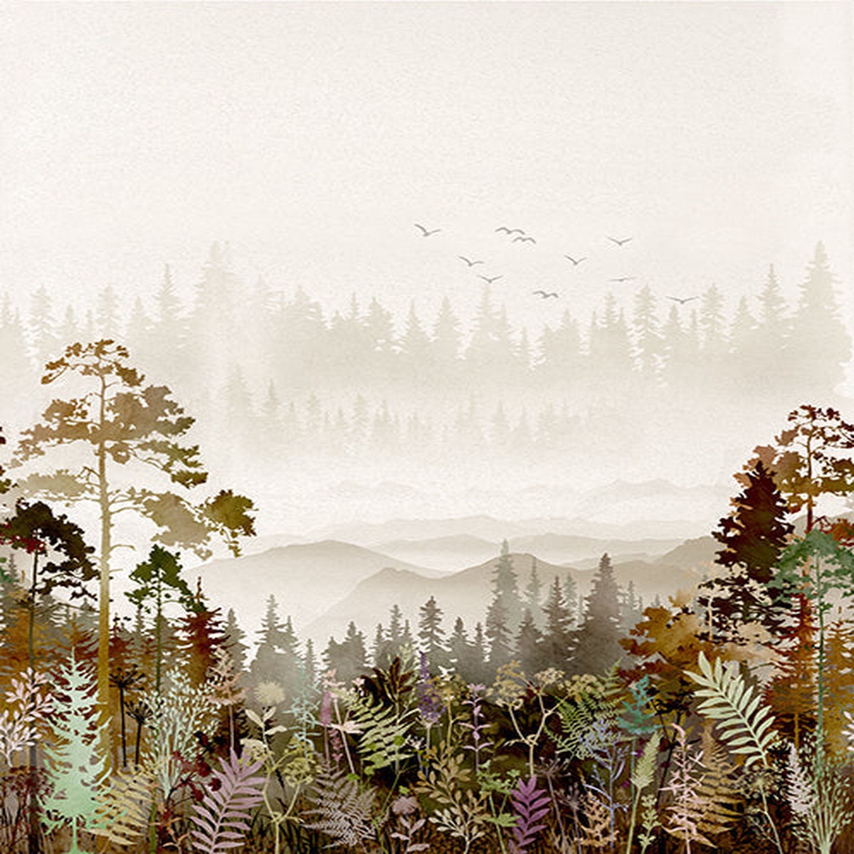 Tree Line Focal Nature Scenery Autumn Beige Hoffman Fabric Cotton Fabric 1