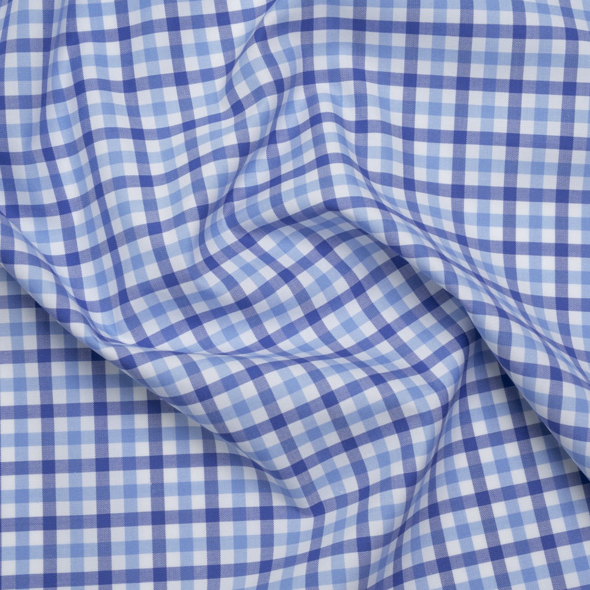 Cotton Twill Shirting - Cobalt Sky Blue and White Tattersall Check - Designer Deadstock
