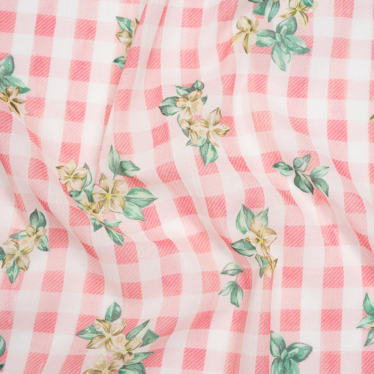 Crinkled Cotton Gauzy Woven - Pink, White and Yellow Flowers on Gingham - Mood Exclusive Picnic Petals Print