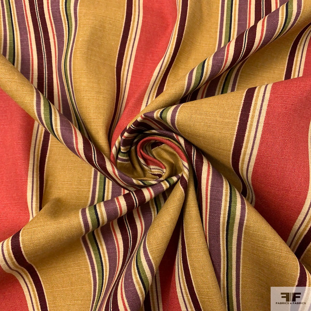 Vertical Striped Printed Linen-Weave Cotton - Yellow Ochre / Wine / Dusty Purple / Deep Vintage Coral