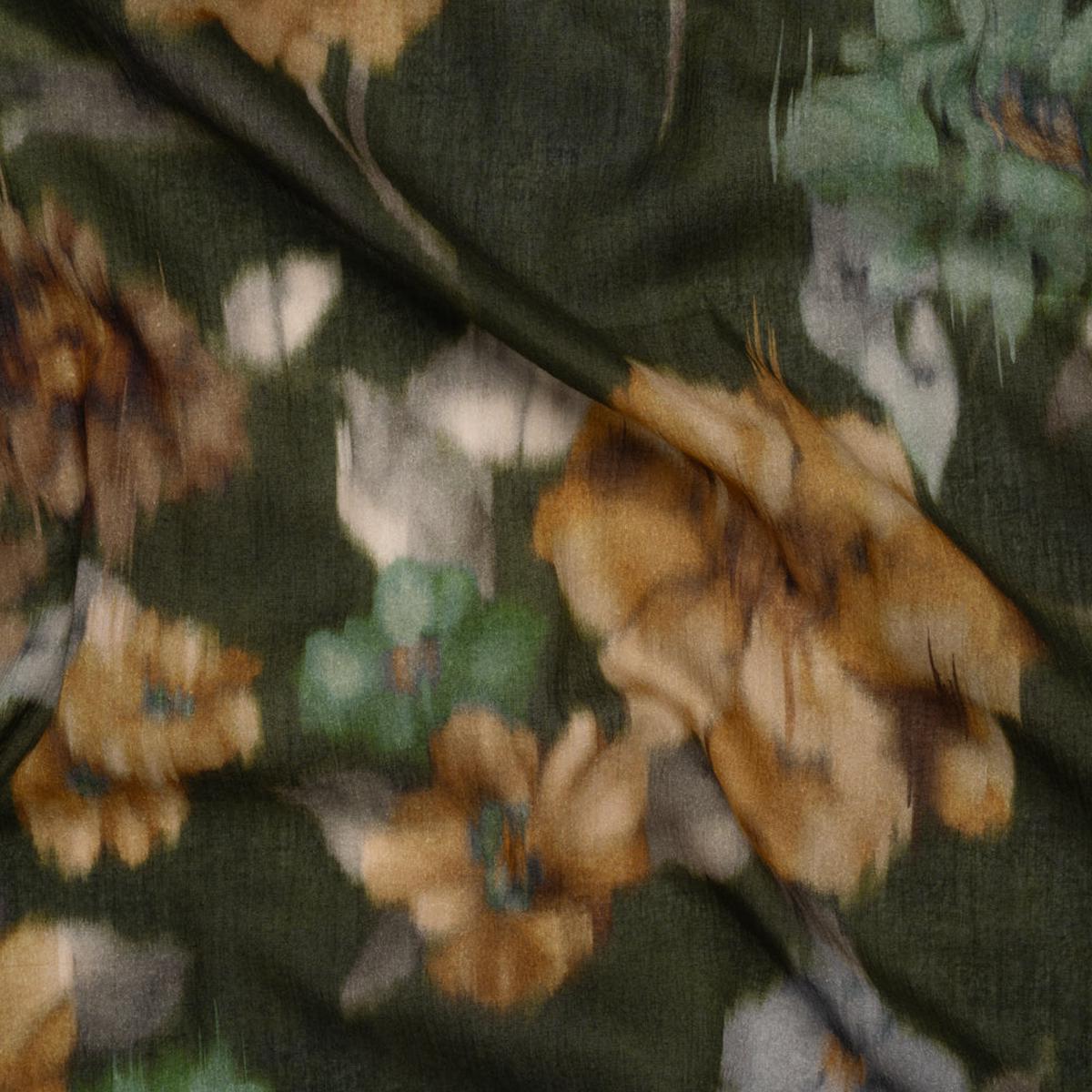 Crinkled Cotton Gauzy Woven - Olive Green, Tan and Gray Hazy Ikat Flowers - Mood Exclusive Blurred Blooms Print