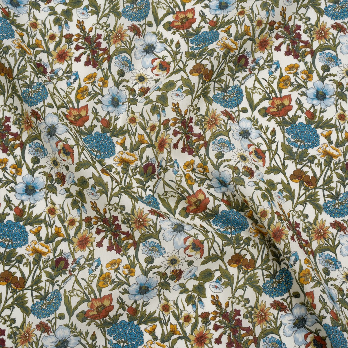 Liberty Fabrics Tana Lawn - Rachel Multi Neutral - Sky Blue Olive Green and Brick Red Flowers and Foliage
