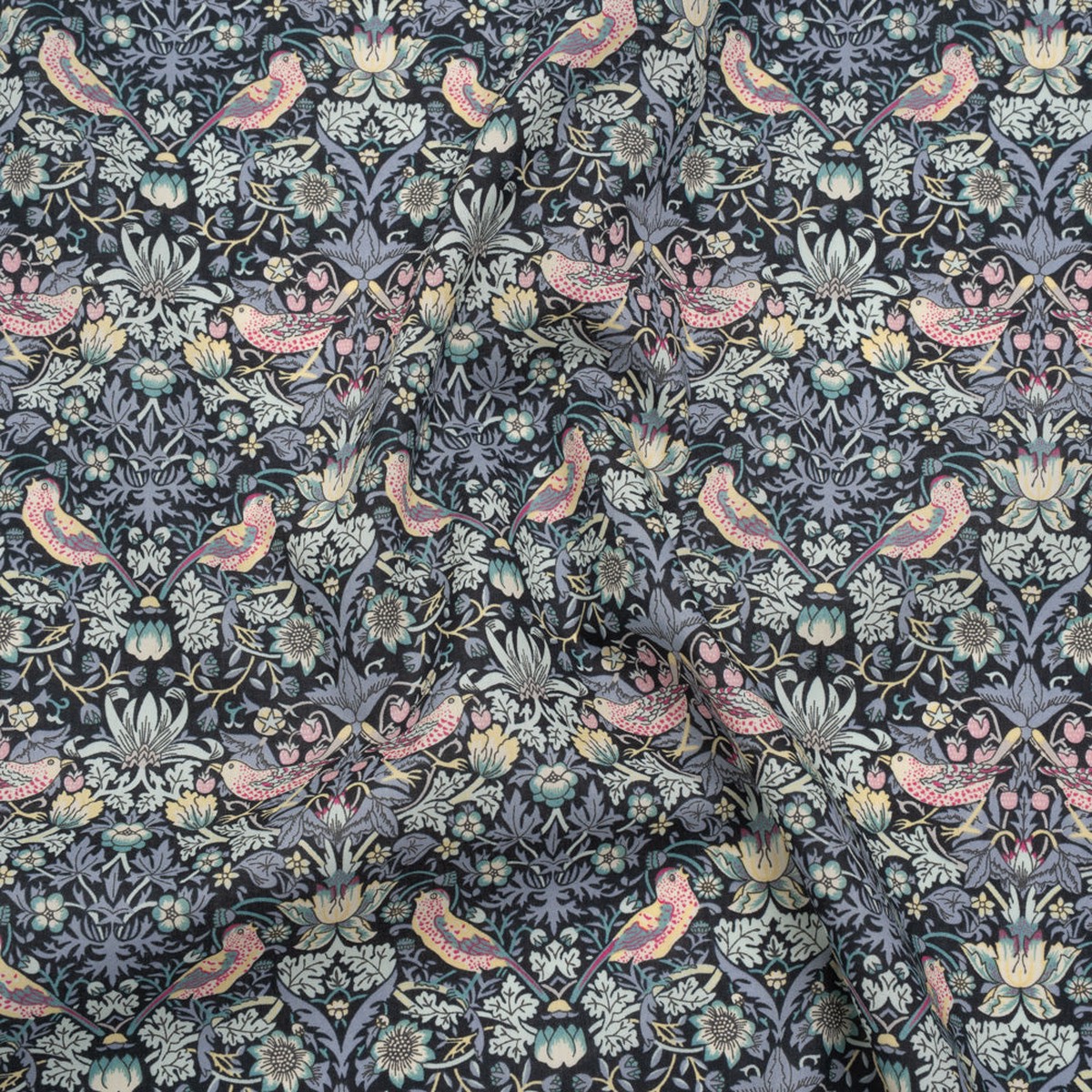 Liberty Fabrics Tana Lawn - Strawberry Thief Gray - Charcoal Blue and Pink Birds Berries and Flowers