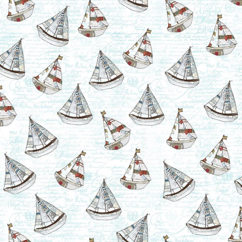 Set Sail Large Sailboats White Christine Anderson Quilting Treasures Cotton Fabric 1