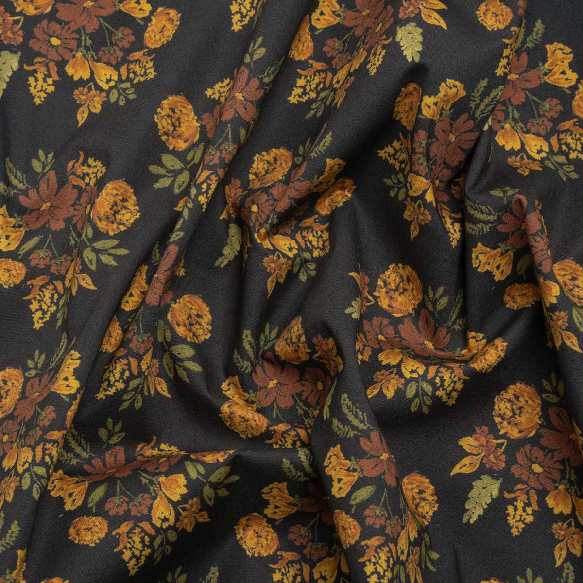 Stretch Cotton Poplin Print - Navy, Rust and Orange Floral - Mood Exclusive Amber Bunches