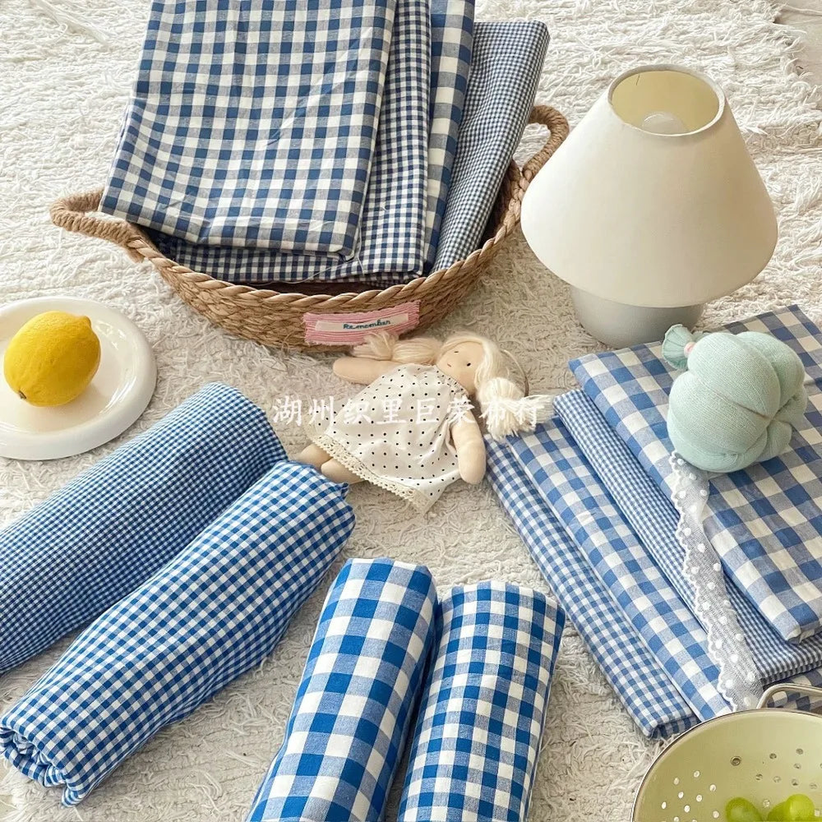 140x50cm Blue Checkered Washed Cotton Fabric for Women Kids DIY Clothing Bags Sewing Textile Accessories