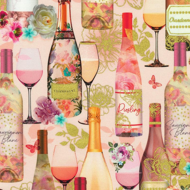 Happy Hour Wine Bottle and Glass Floral Blush Pink Lara Skinner Robert Kaufman Cotton Fabric RK-AINDM-22743-96 1/2