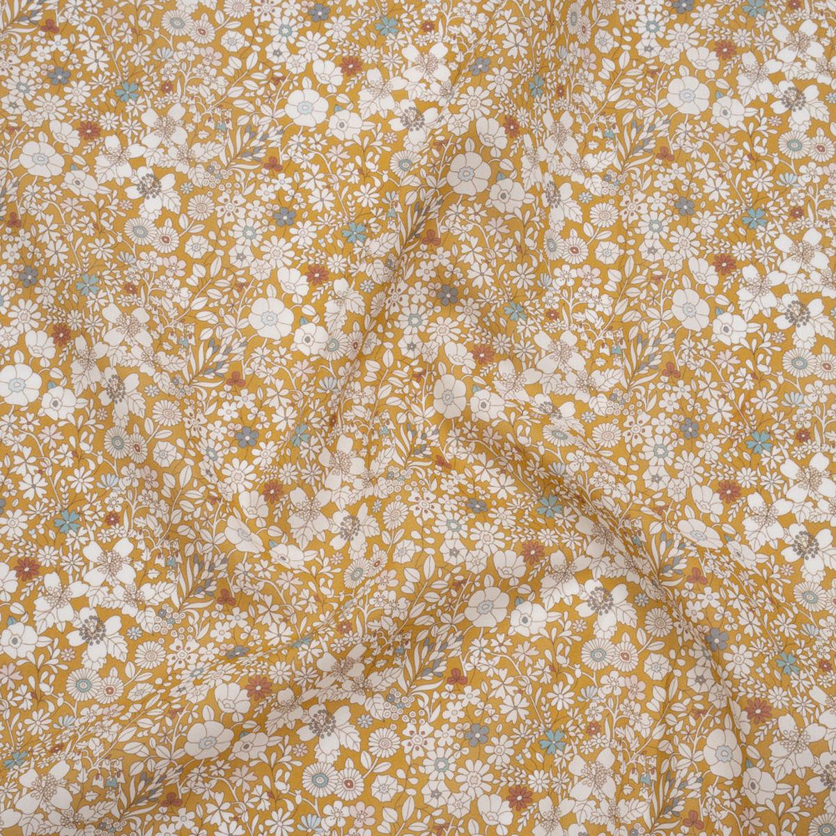 Liberty Fabrics Tana Lawn - June's Meadow Yellow - Ochre, White and Light Blue Illustrated Flowers