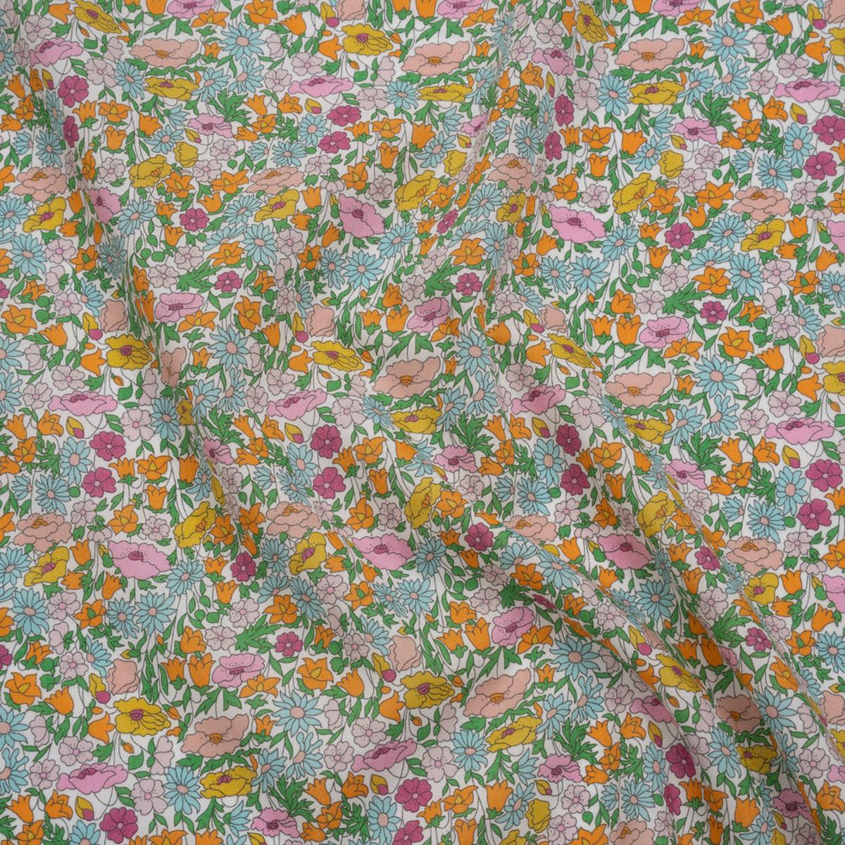 Liberty Fabrics Tana Lawn - Poppy Forest Multi Bright - Orange, Baby Pink and Pastel Blue Floral Meadow