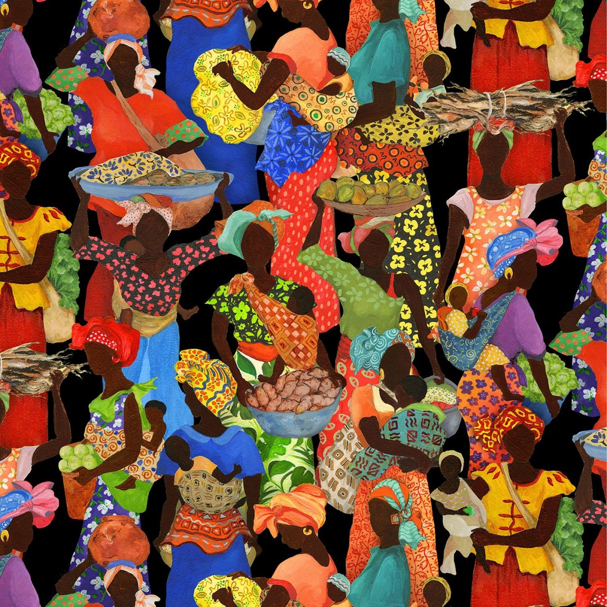 African Story Packed Figures Black Gwendolyn McShepard Elizabeth's Studio Cotton Fabric 1/2