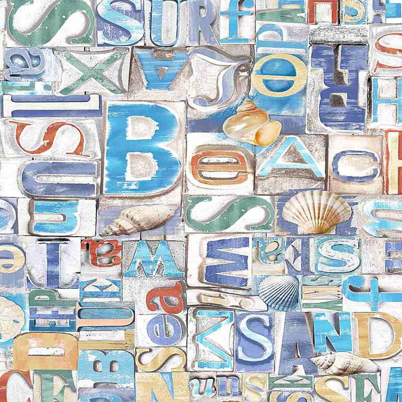 Beach Day Beachy Words on Wood Multi Timeless Treasures Cotton Fabric 1/2