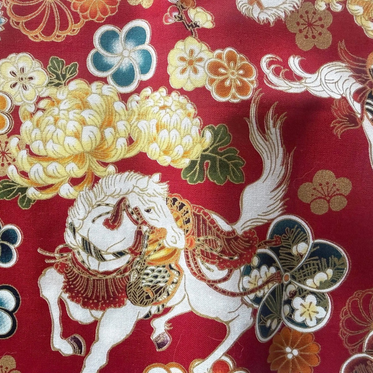 Lucky White Horse & Chrysanthemums Red Quilting Cotton (Made in Japan)