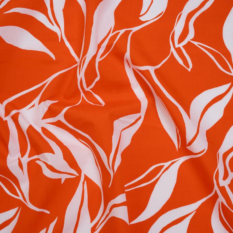 Cotton Poplin Print - Red Orange and White Leaves - Designer Deadstock