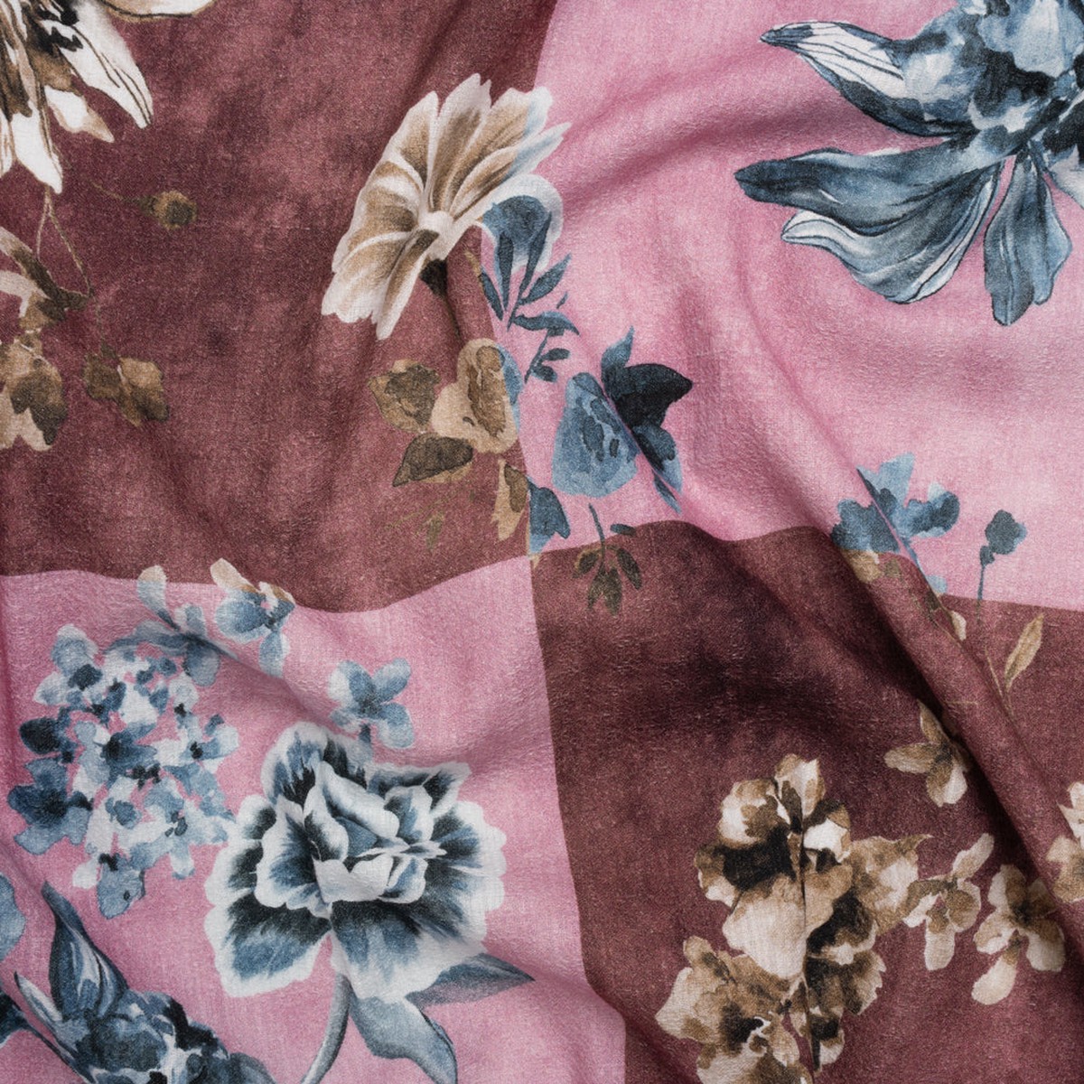 Slubbed Gauzy Cotton Woven - Rose Brown and Blue Big Floral Checkerboard - Mood Exclusive Checkerbloom Print