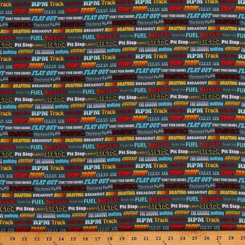 Start your Engines Car Drivers Term Words Dark Gray Robert Giordano Henry Glass Cotton Fabric 1