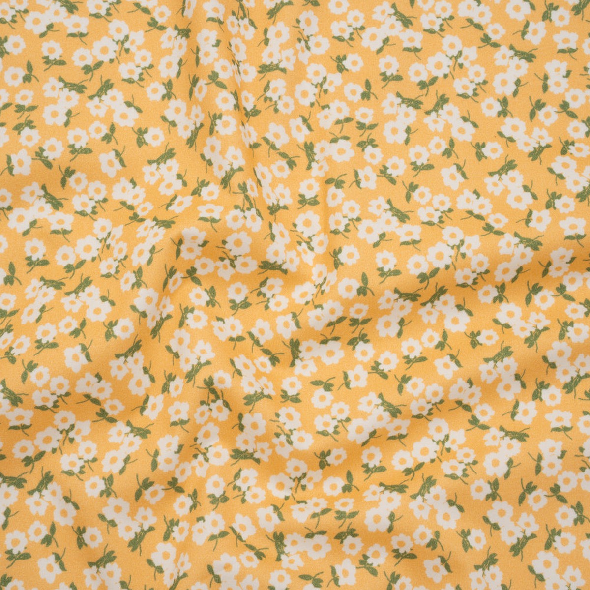 Brushed Cotton Woven - White Sunny Yellow and Green Scattered Daisies - Mood Exclusive Daisy Daze Print