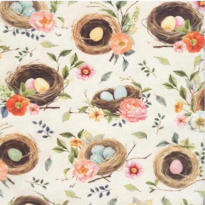 Easter Wonder Birds Nest Floral Vanilla Cream Hoffman Fabric Cotton Fabric 1/2