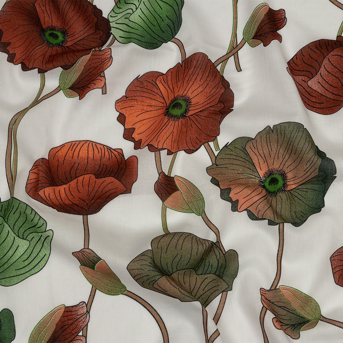 Red Green and Brown Big Poppies Cotton Lawn
