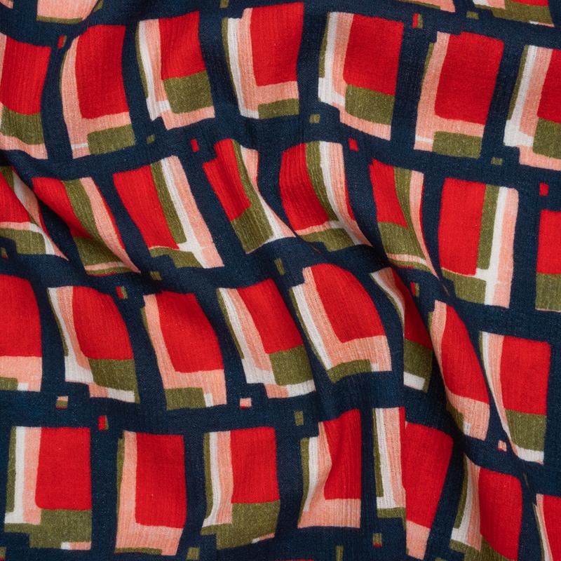 Slubbed Gauzy Cotton Woven - Red, Navy and Olive Green Geometric Blocks - Mood Exclusive Cubist Canvas Print
