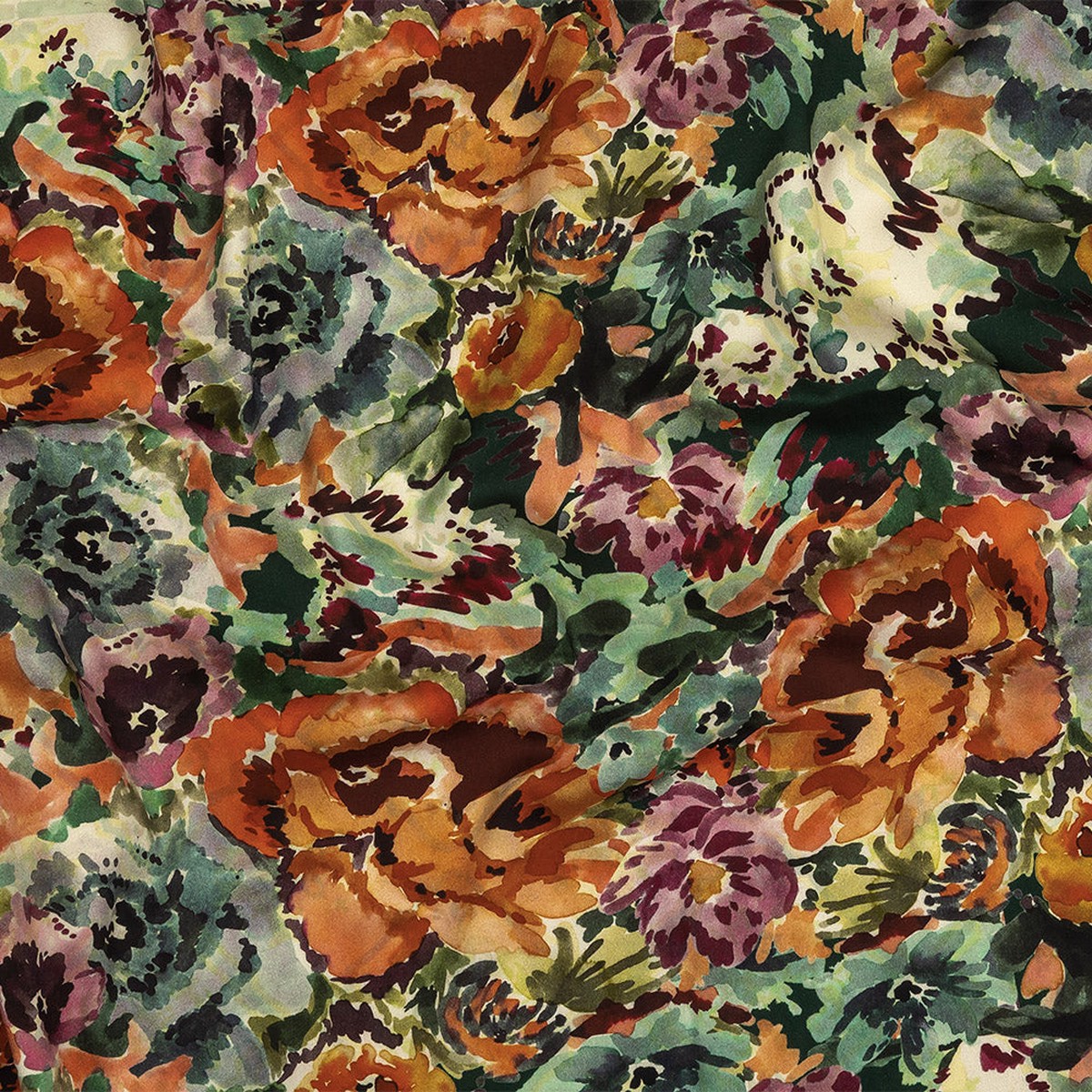 Stretch Cotton and Viscose Sateen Print - Green Orange and Purple Painterly Floral - Mood Exclusive Cluttered Canvas
