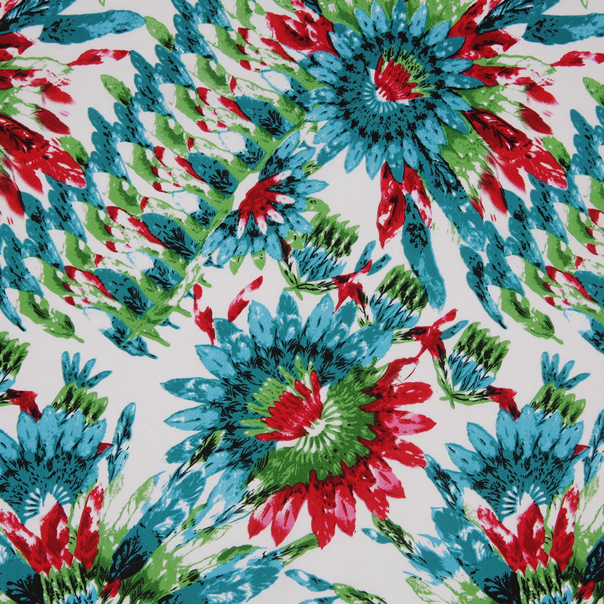 TealGreenRed Feather Printed Stretch Cotton Twill
