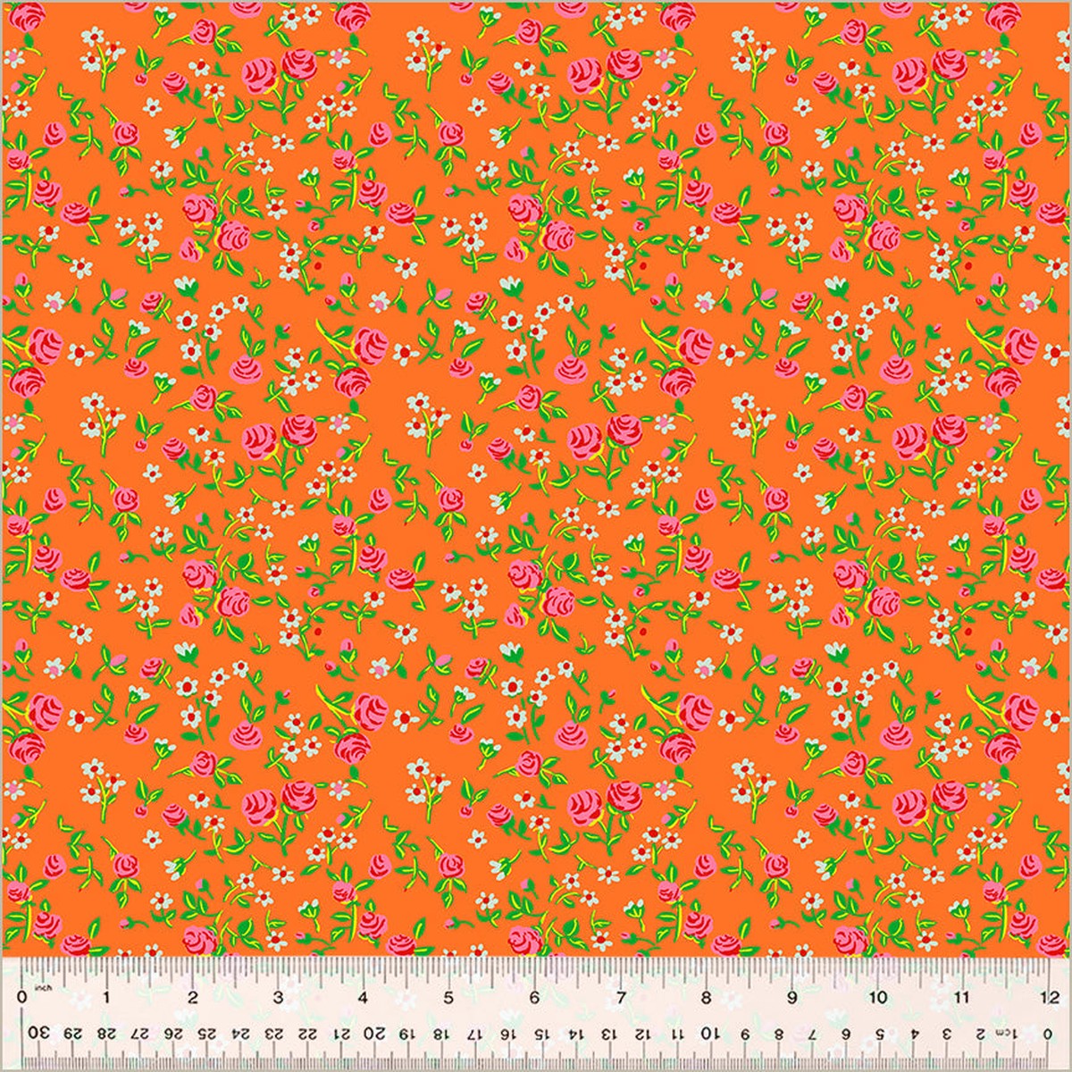COTTON - Heather Ross - By Hand - Mousy Floral Tangerine