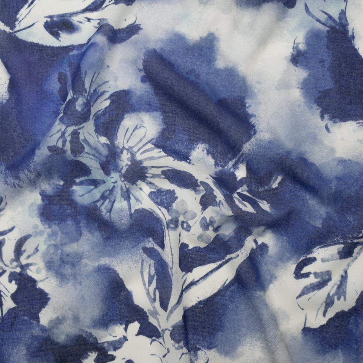 Cotton Voile - Dark Blue and White Watercolor Flowers - Mood Exclusive Inkblot Inspirations Print