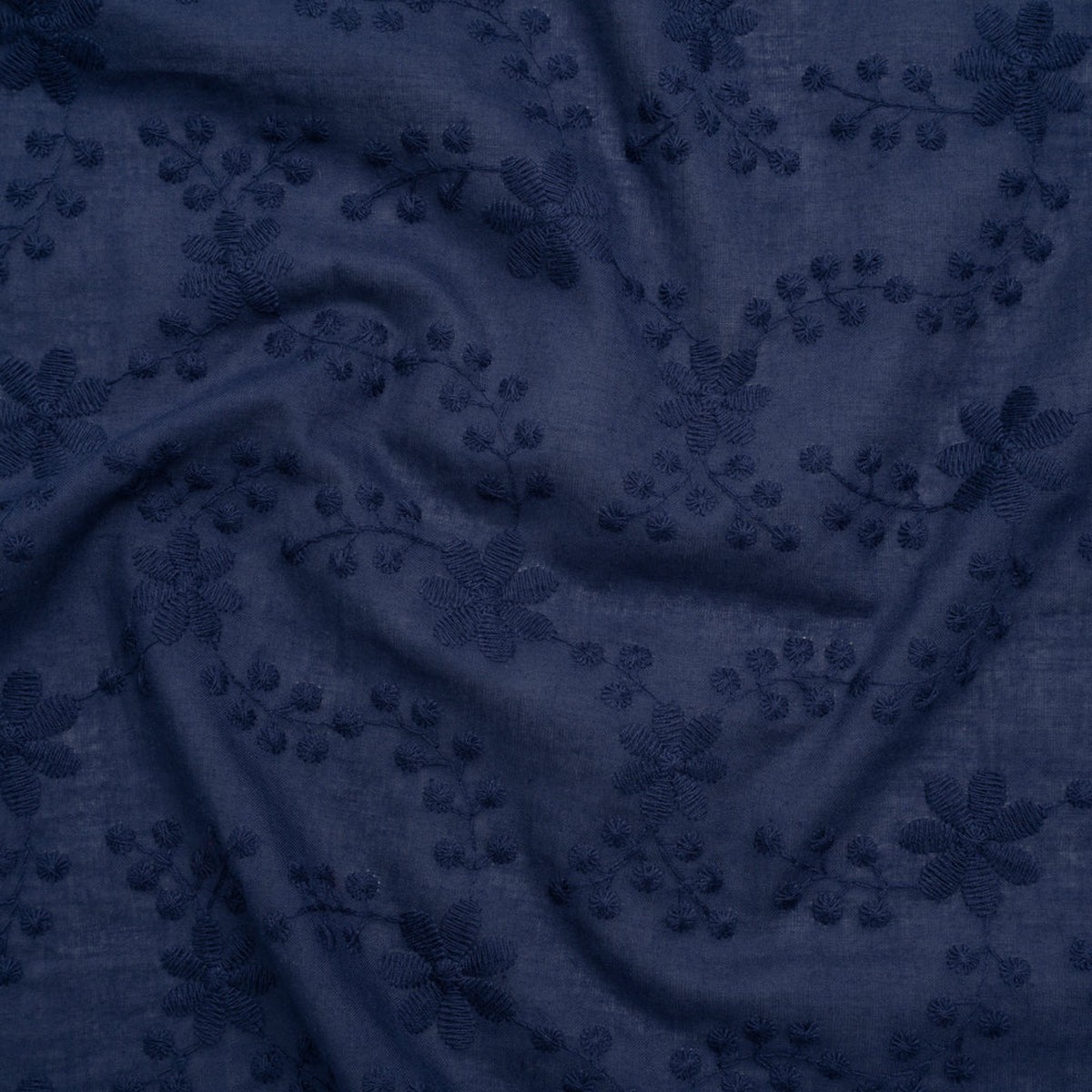 Embroidered Eyelet Cotton Voile - Medieval Blue Flowers on Branches - Naomi Collection