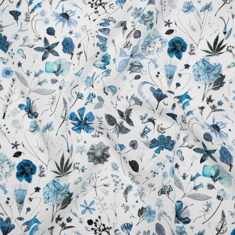 Liberty Fabrics Tana Lawn - Floral Eve Light Blue - Cobalt, Gray and White Scattered Plants and Flowers