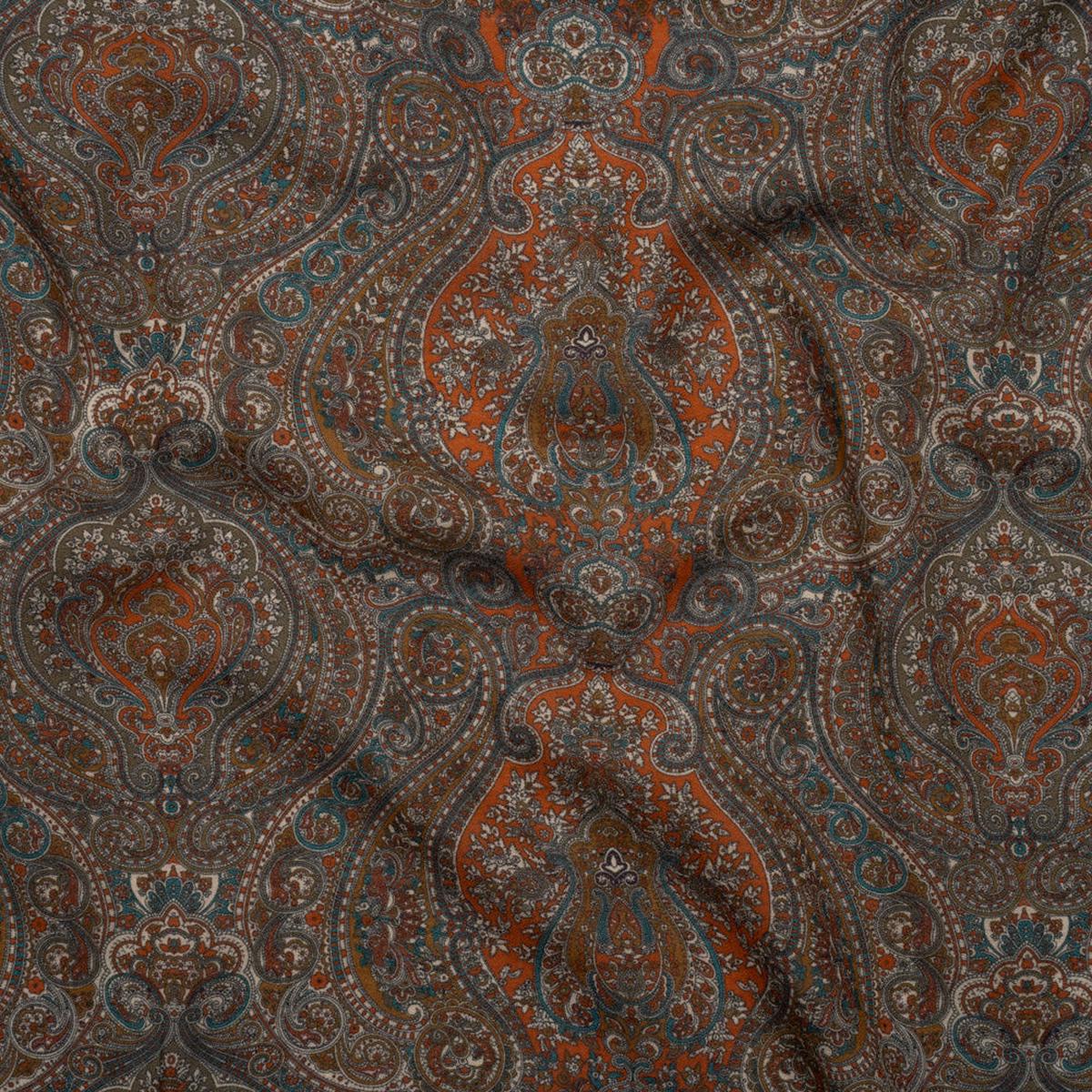 Cotton Crepe - Dark Orange, Blue and Brown Paisley - Mood Exclusive Filigree Flow Print