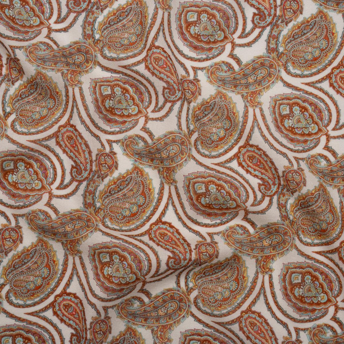 Cotton Crepe - White, Red and Sky Blue Paisley - Mood Exclusive Scroll Spectrum Print
