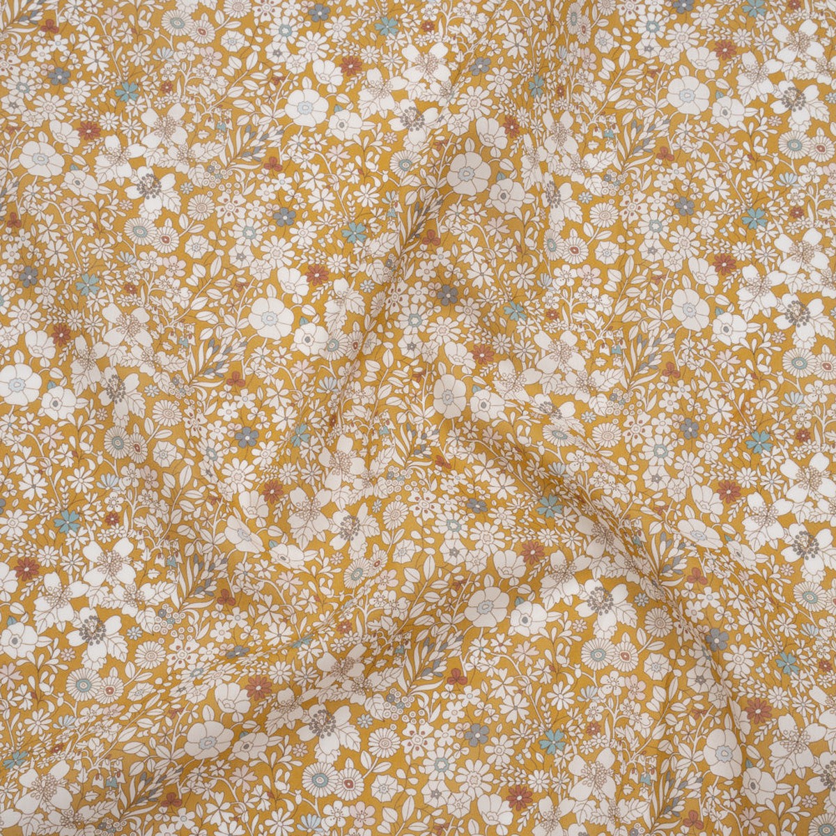 Liberty Fabrics Tana Lawn - Junes Meadow Yellow - Ochre White and Light Blue Illustrated Flowers