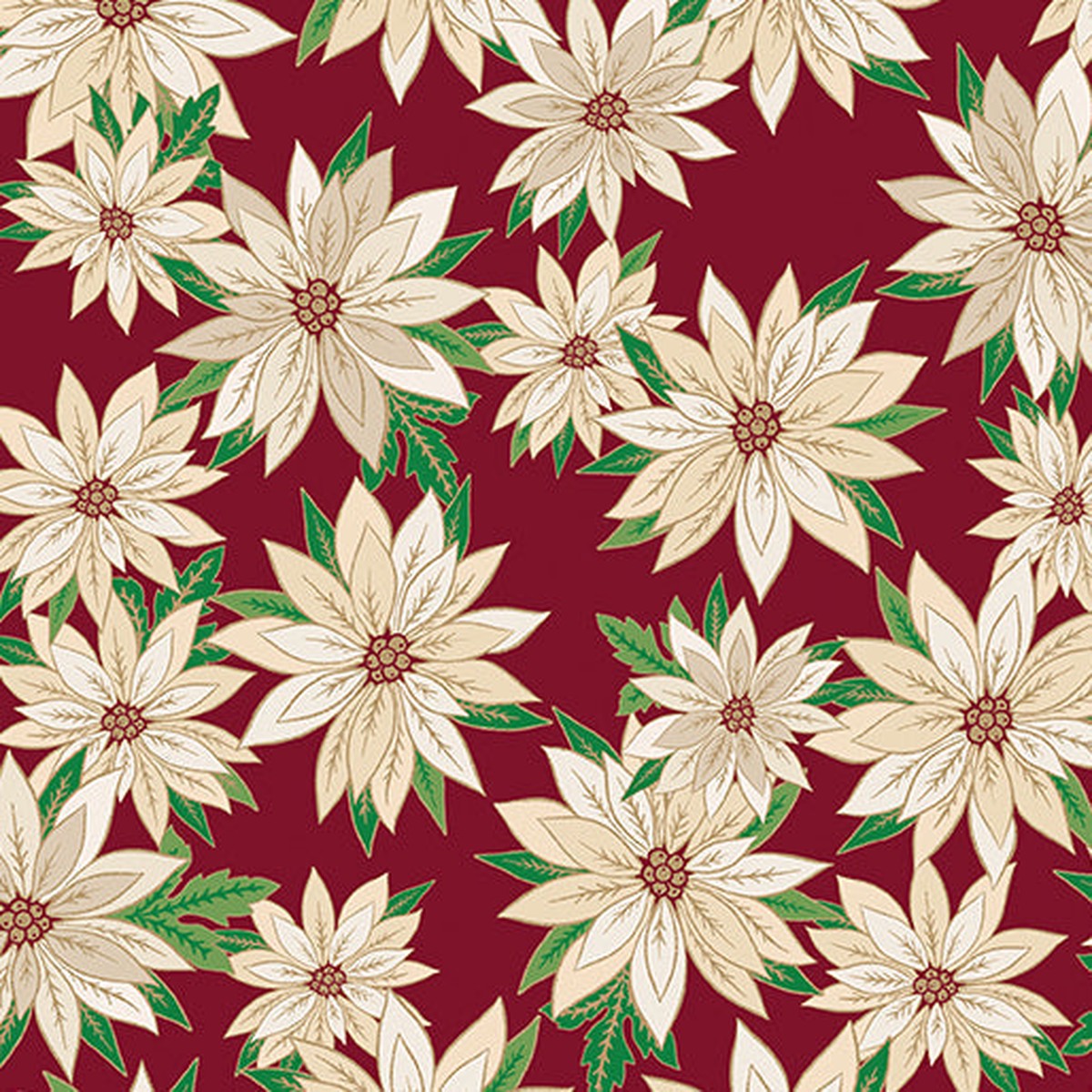 Poinsettias In Bloom Crimson Cotton 44"/45" Fabric Per Yard