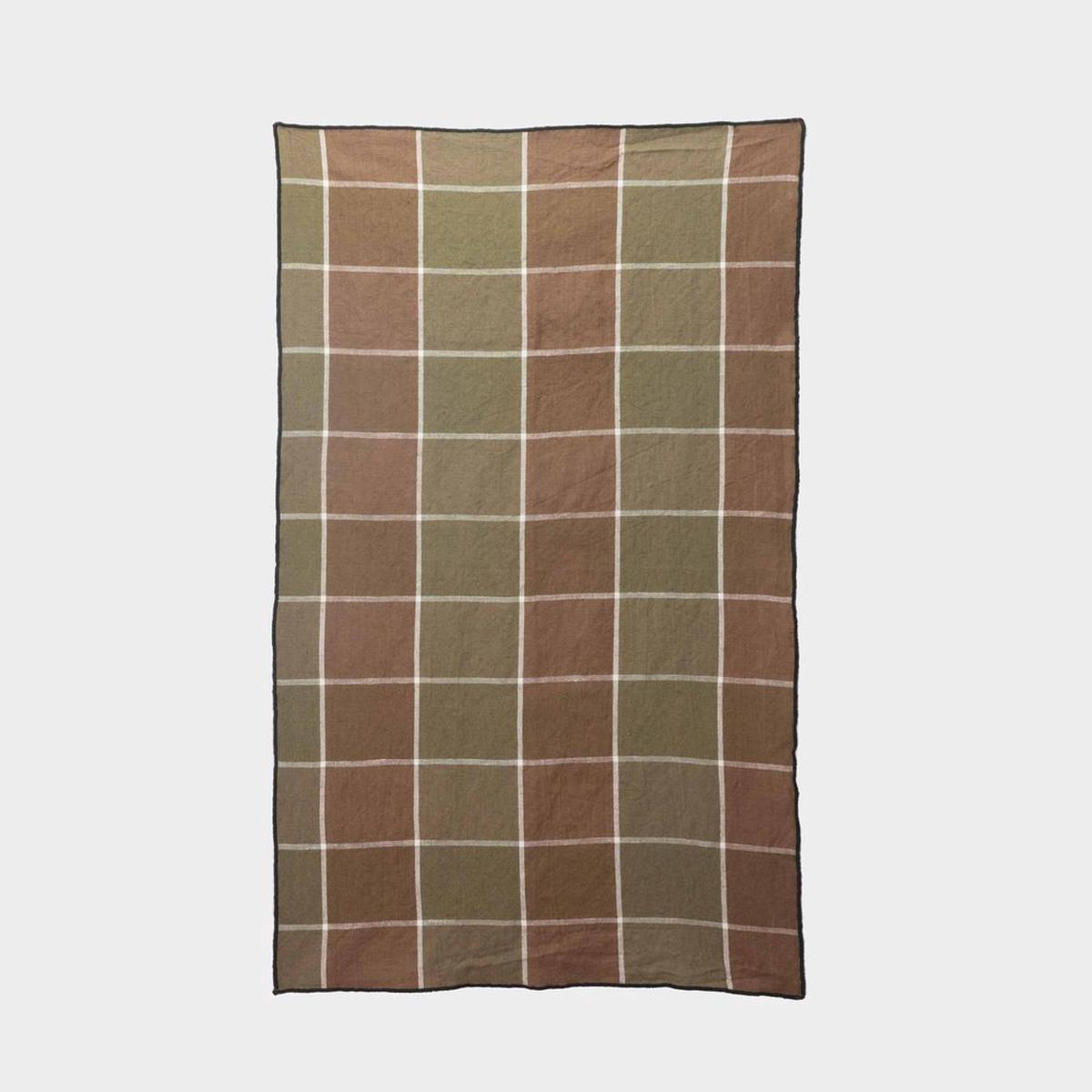 French Linen Kitchen Towel in Windowpane Plaid 8211 Khaki Green Black