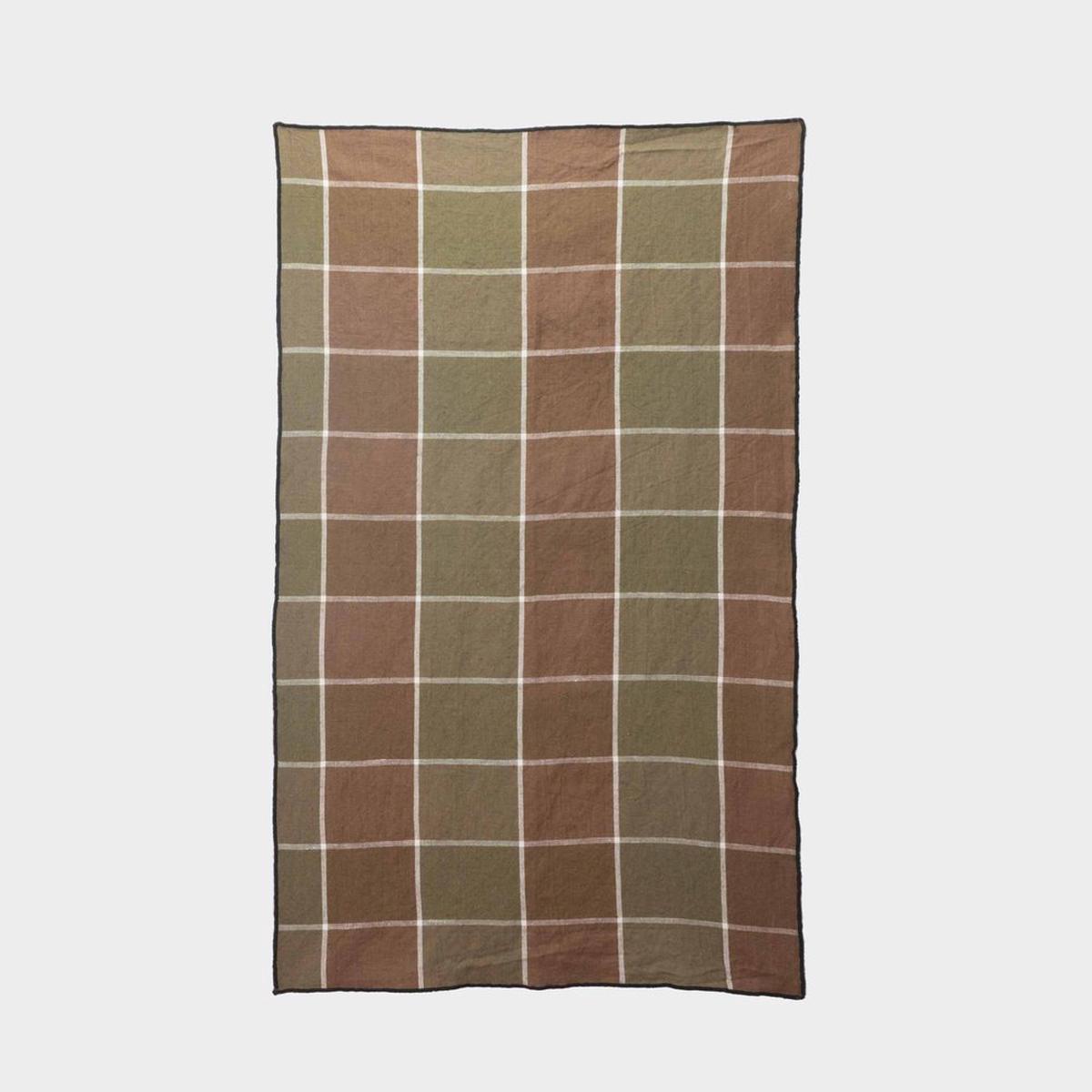 French Linen Kitchen Towel in Windowpane Plaid - Khaki Green/ Black