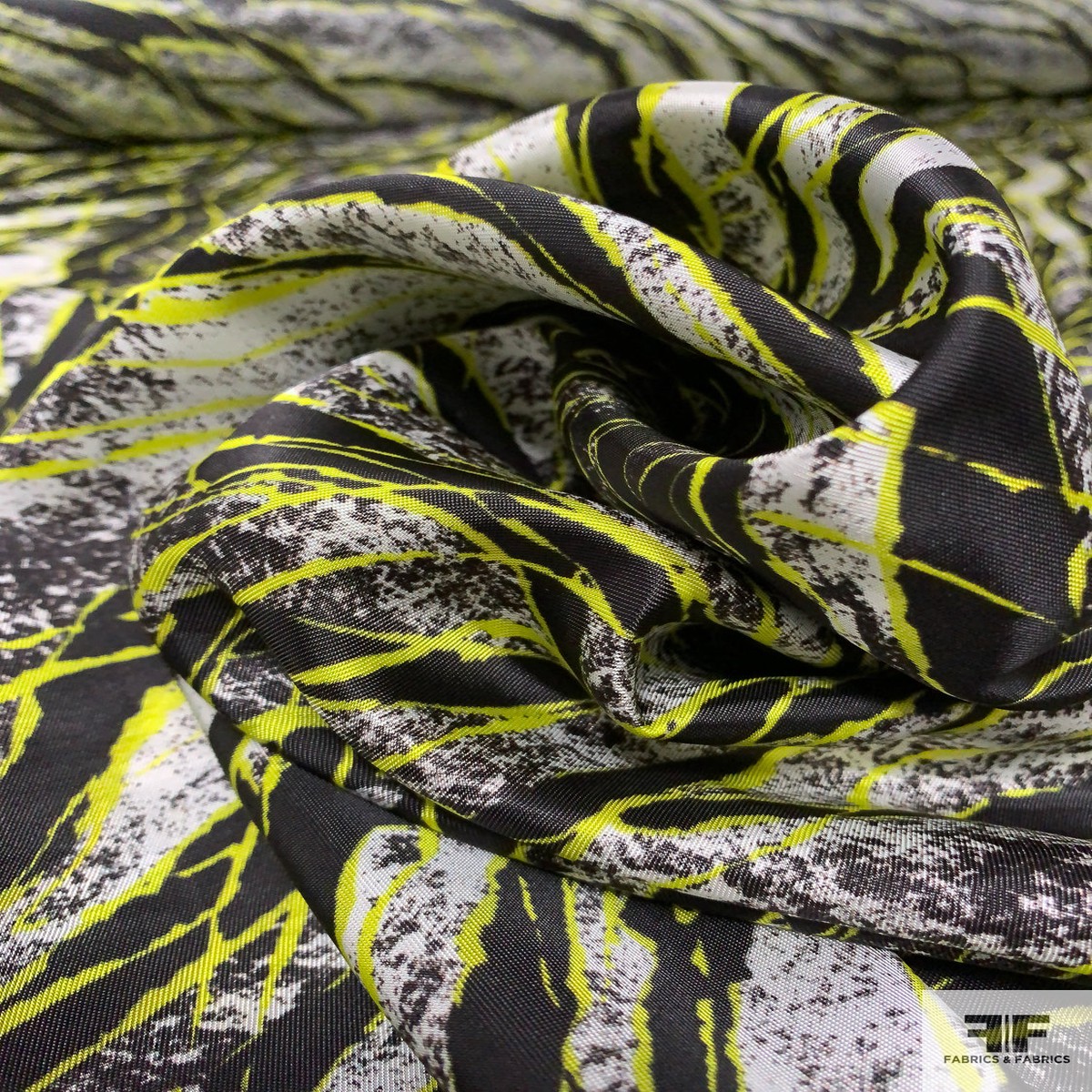 Italian Wavy Striations in the Night Printed Fine Viscose Twill - Chartreuse / Black / Off-White