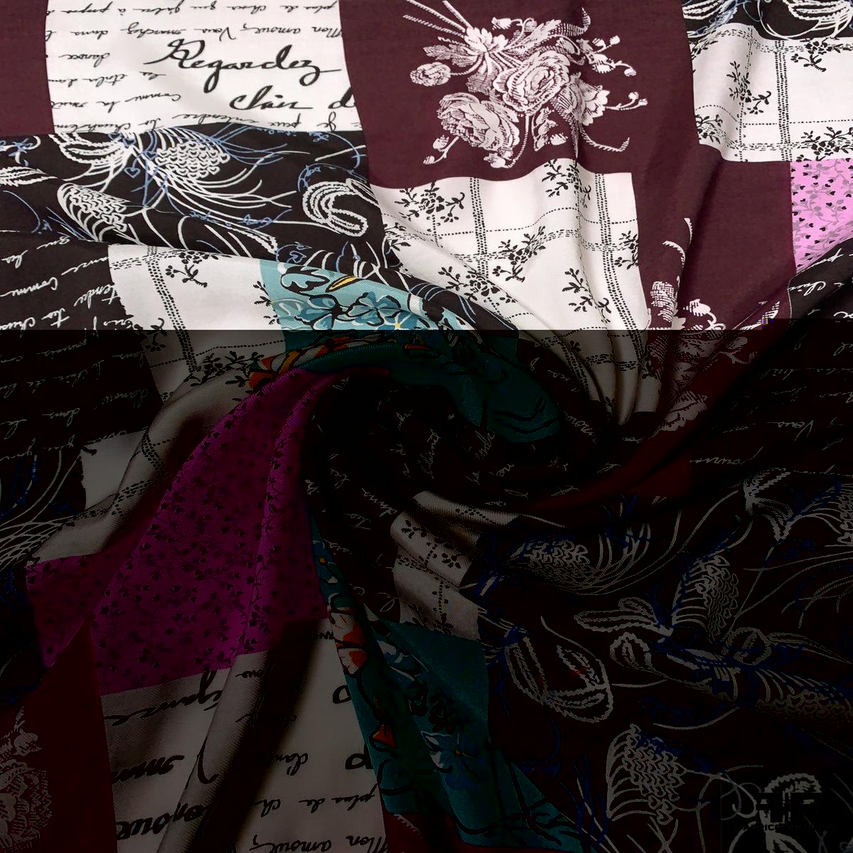 Floral and Text Patchwork Printed Rayon Challis Twill - Multicolor