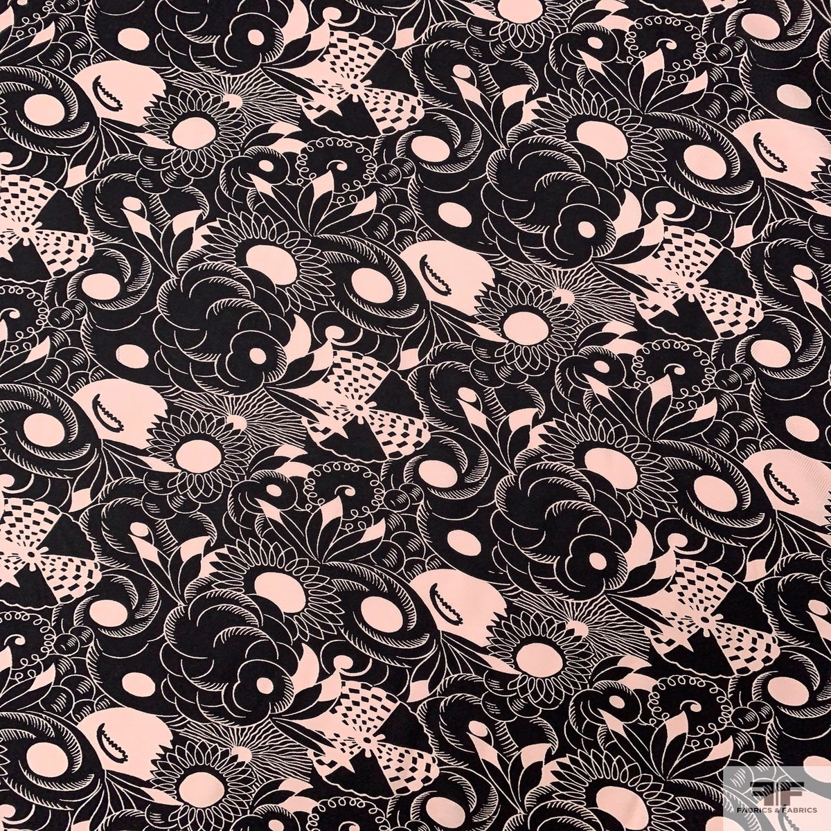 Floral Surrealism Printed Rayon Twill - Light Blush / Black