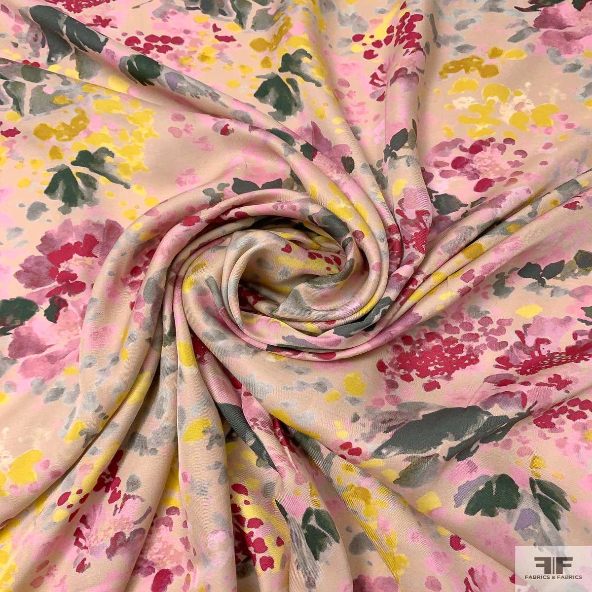 Italian Painterly Floral Printed Challis-Like Viscose Twill - Pinks / Berry / Greens / Yellow