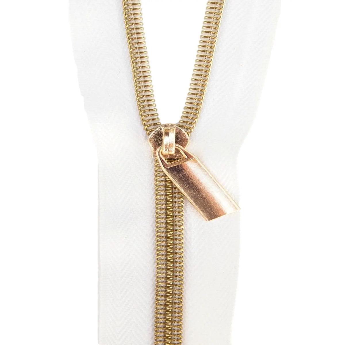 White #5 Nylon Gold Coil Zippers: 3 Yards with 9 Pulls